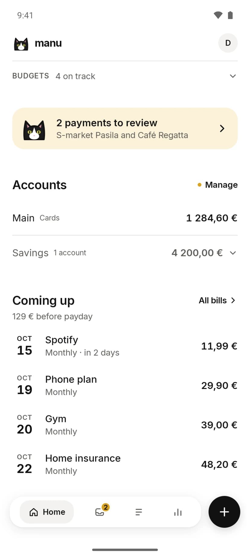 Coming up list showing recurring bills and their due dates before payday.