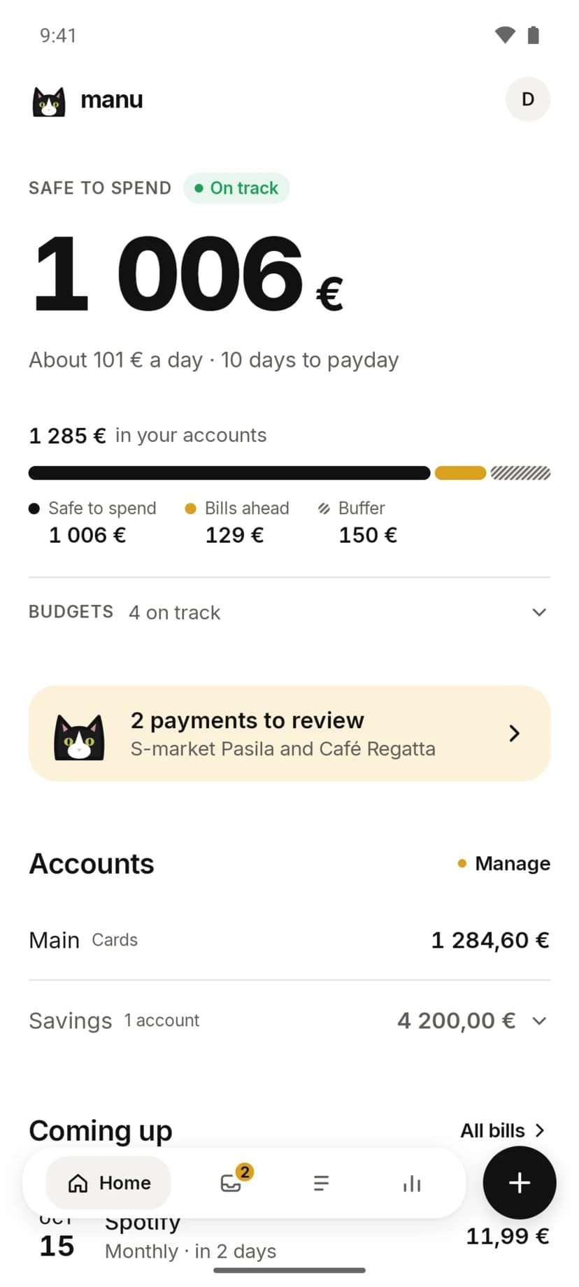 Manu home screen showing safe to spend, daily amount, accounts and upcoming bills.